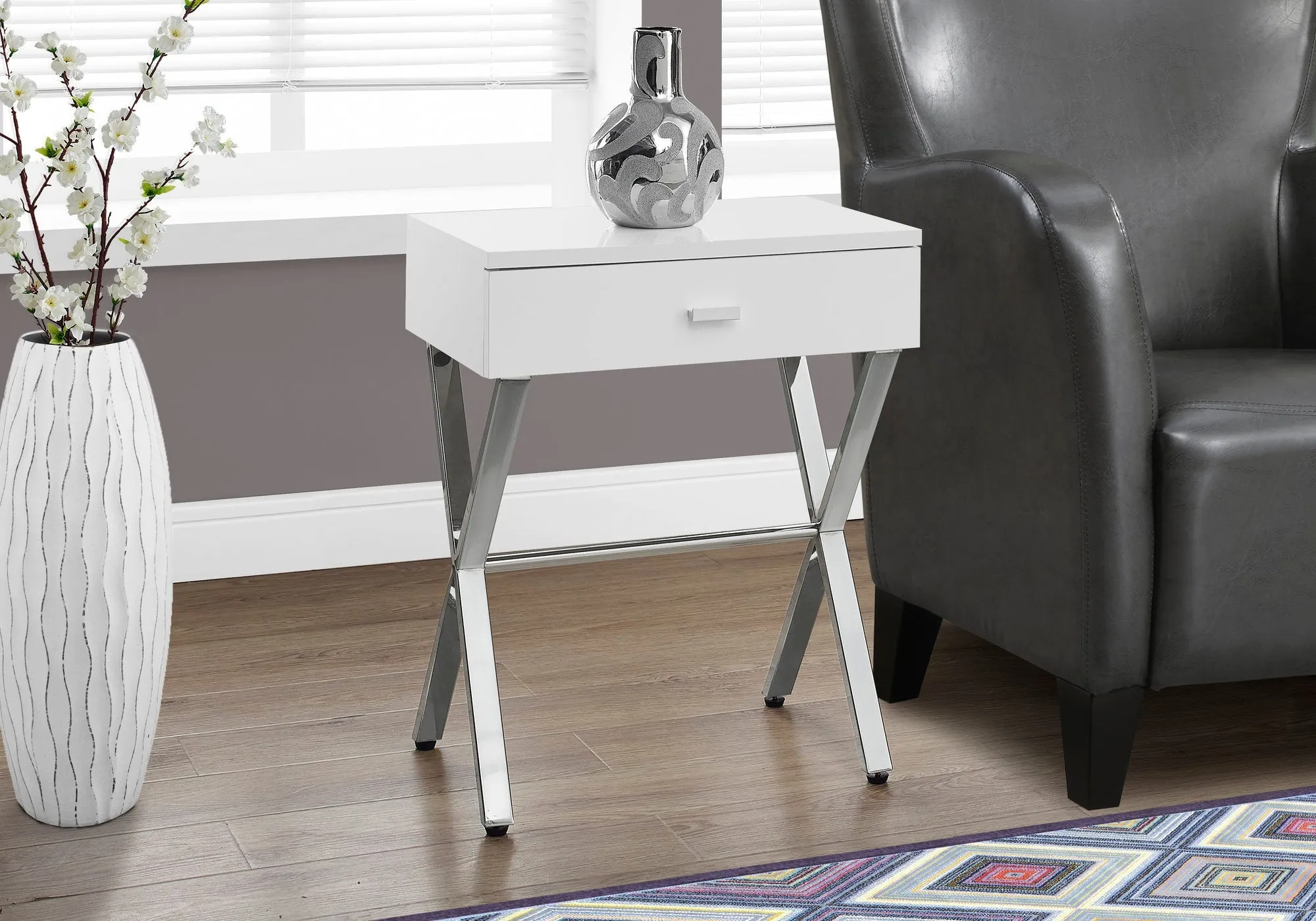 Accent Table - 24"H / Glossy White / Chrome Metal