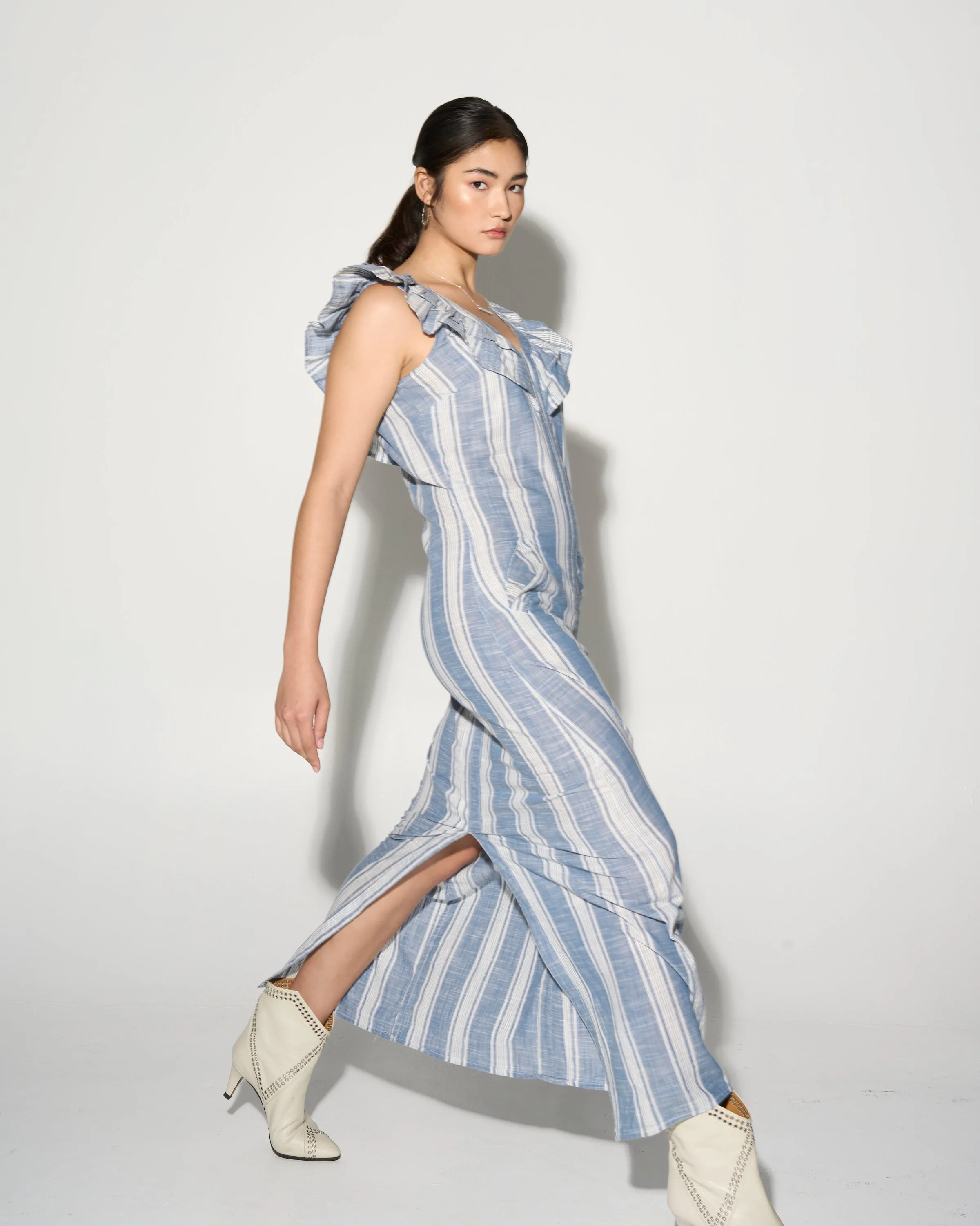 ALODIE stripe maxi dress with ruffles
