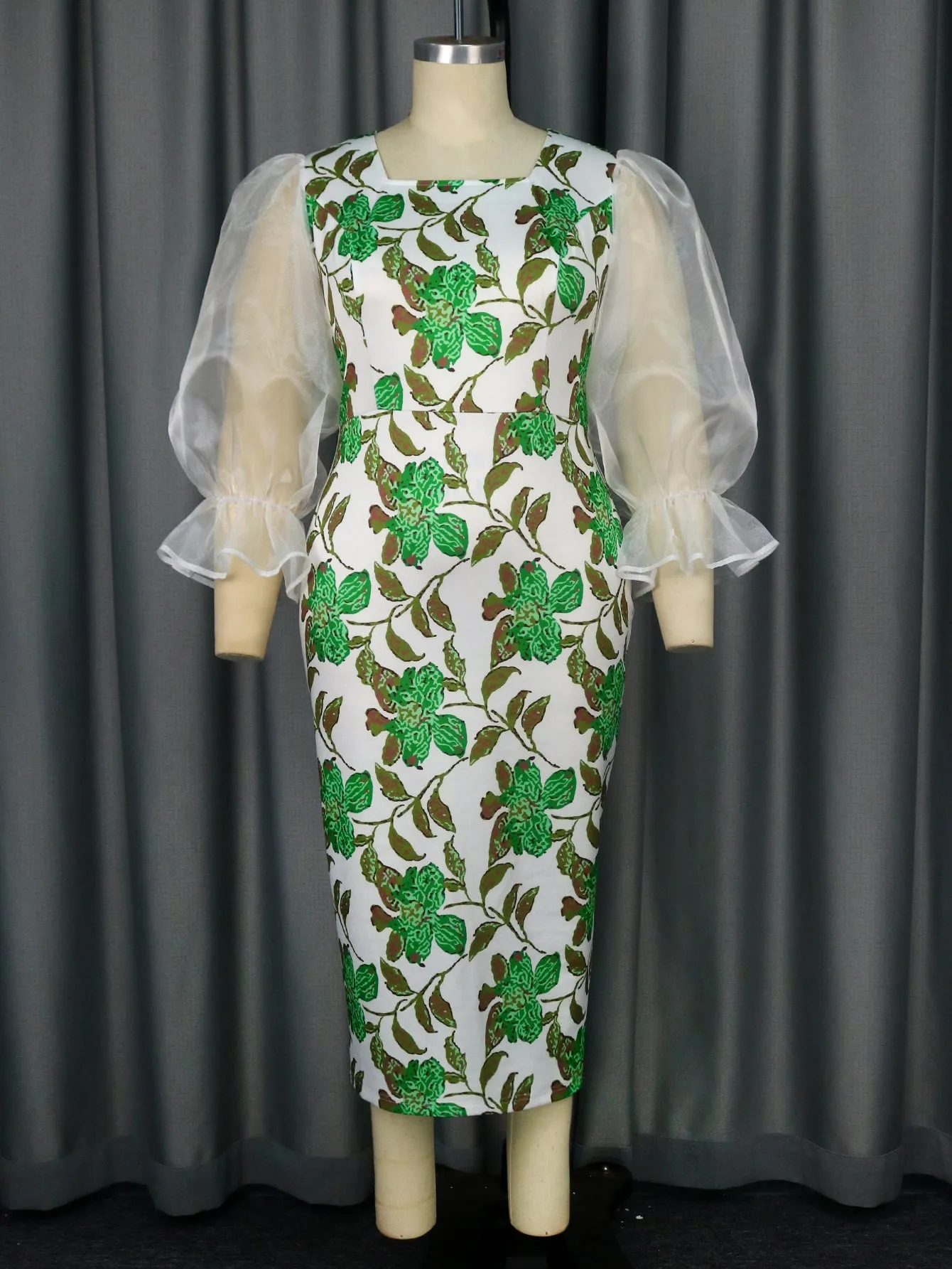 AOMEIDRESS Flower Printed Dress Mesh Patchwork Long Lantern Sleeve