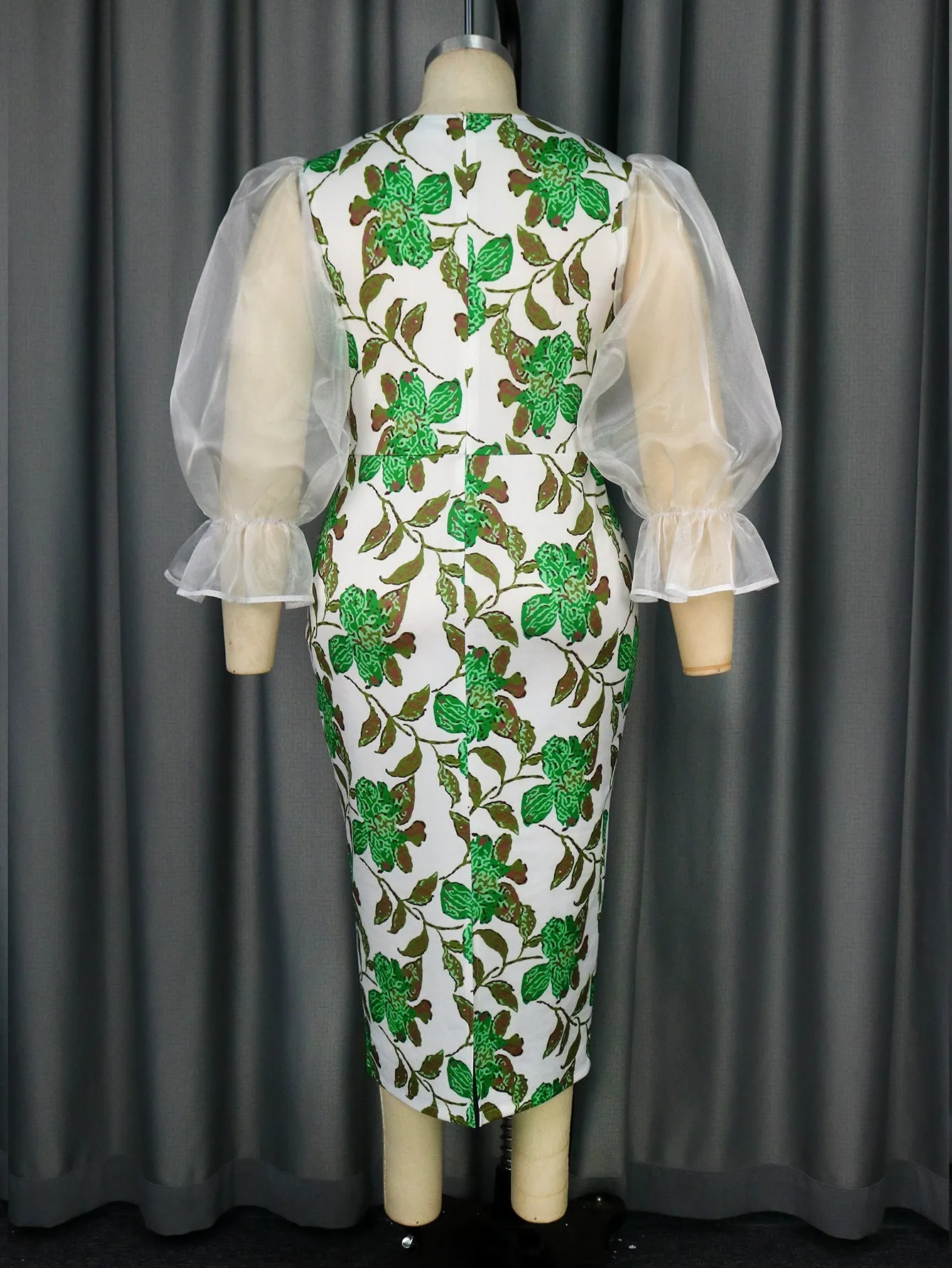 AOMEIDRESS Flower Printed Dress Mesh Patchwork Long Lantern Sleeve