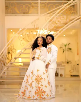 Beautiful Light-Color Design Habesha Couples Outfit Ethiopian Traditional Wedding Attire