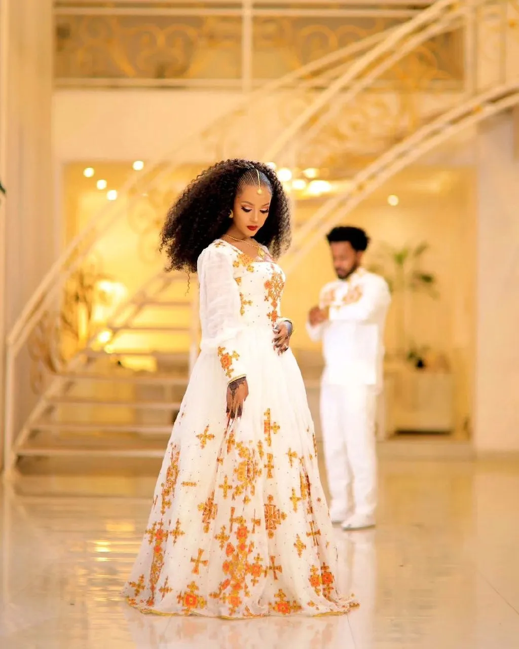 Beautiful Light-Color Design Habesha Couples Outfit Ethiopian Traditional Wedding Attire