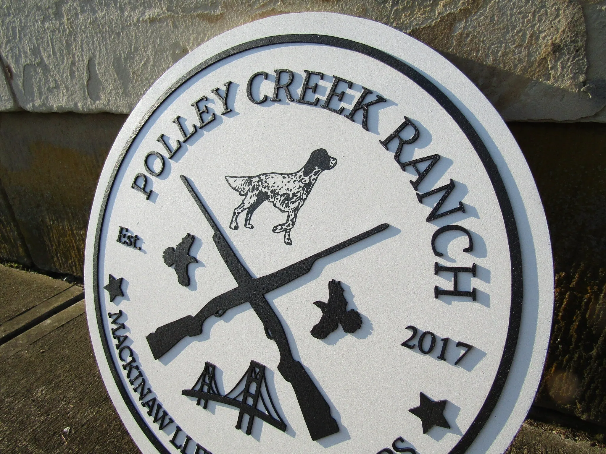 Bird Dog Mackinaw Llewellin Setters Hunting Dogs Breeder Ranch Round Custom Commerical Signage Creek Farm Riffle Handmade Wooden Sign Rustic