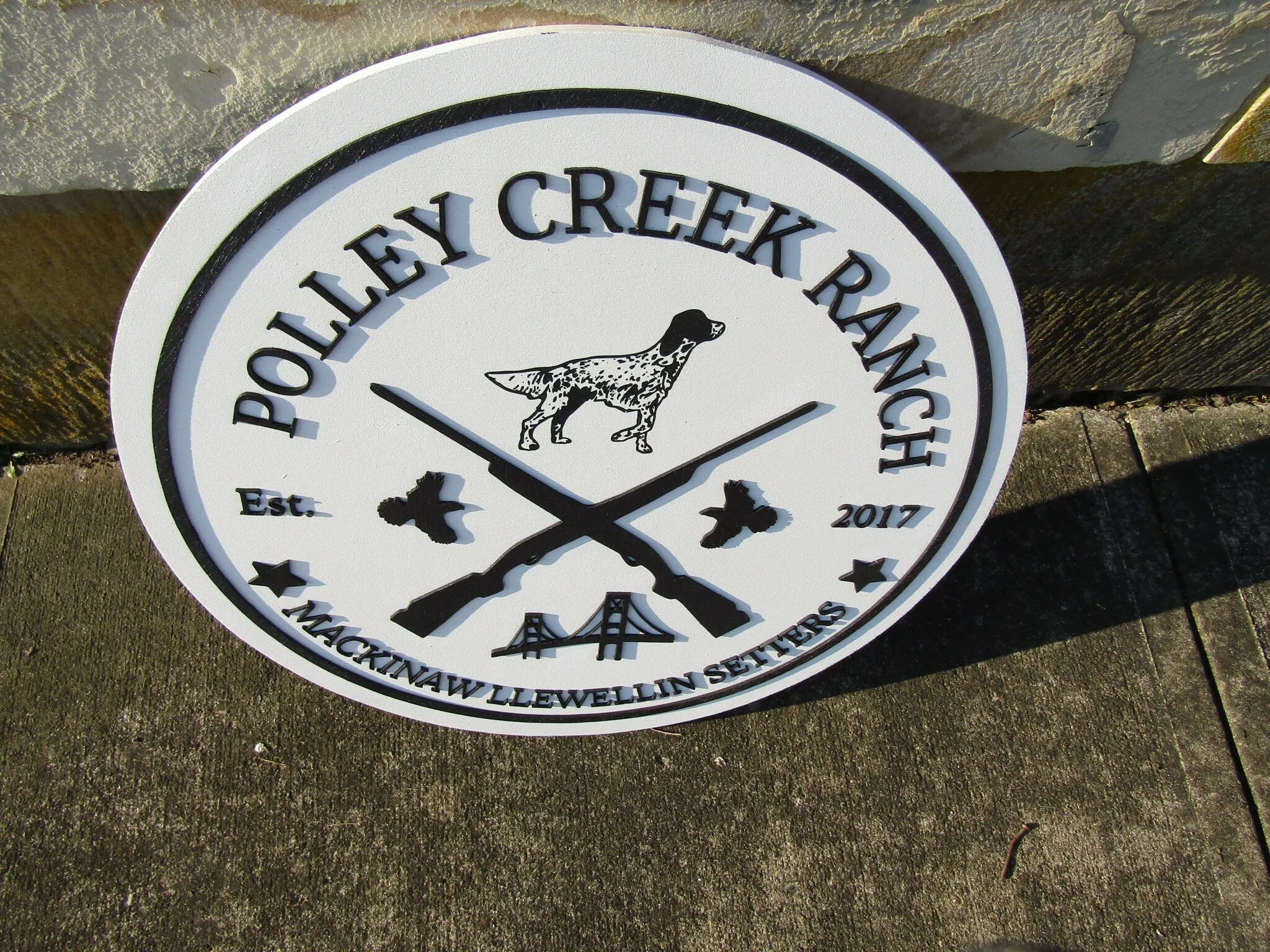 Bird Dog Mackinaw Llewellin Setters Hunting Dogs Breeder Ranch Round Custom Commerical Signage Creek Farm Riffle Handmade Wooden Sign Rustic