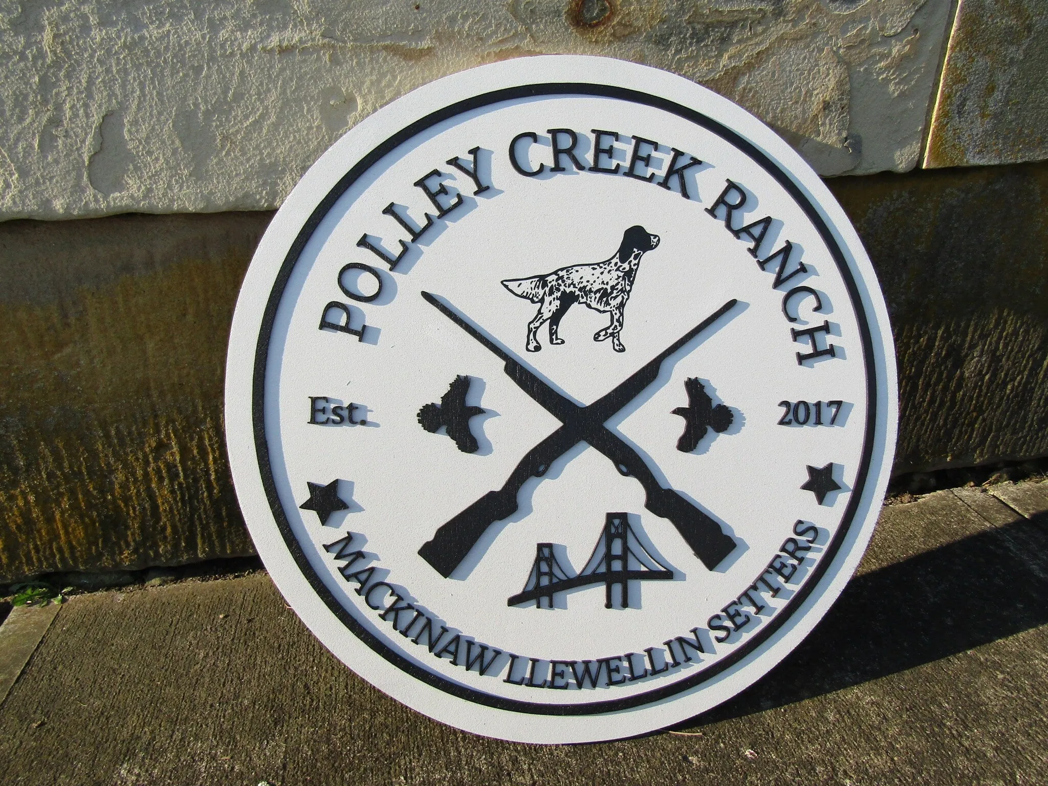 Bird Dog Mackinaw Llewellin Setters Hunting Dogs Breeder Ranch Round Custom Commerical Signage Creek Farm Riffle Handmade Wooden Sign Rustic