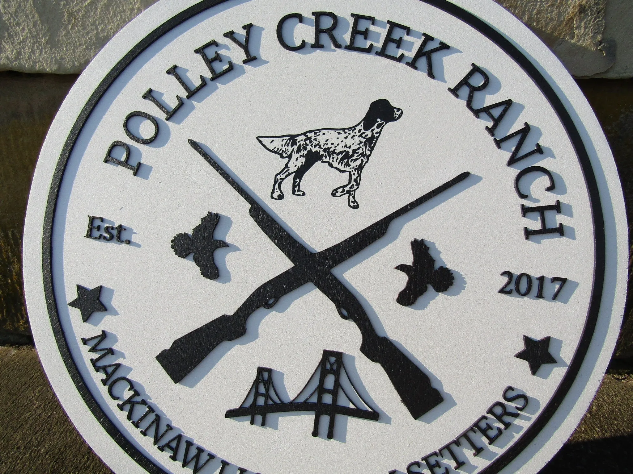 Bird Dog Mackinaw Llewellin Setters Hunting Dogs Breeder Ranch Round Custom Commerical Signage Creek Farm Riffle Handmade Wooden Sign Rustic
