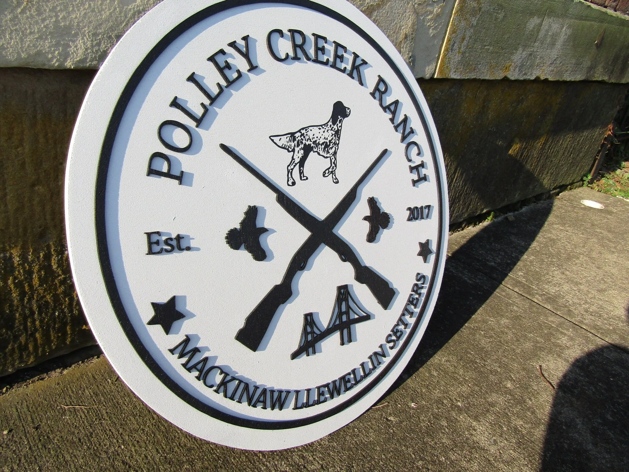 Bird Dog Mackinaw Llewellin Setters Hunting Dogs Breeder Ranch Round Custom Commerical Signage Creek Farm Riffle Handmade Wooden Sign Rustic