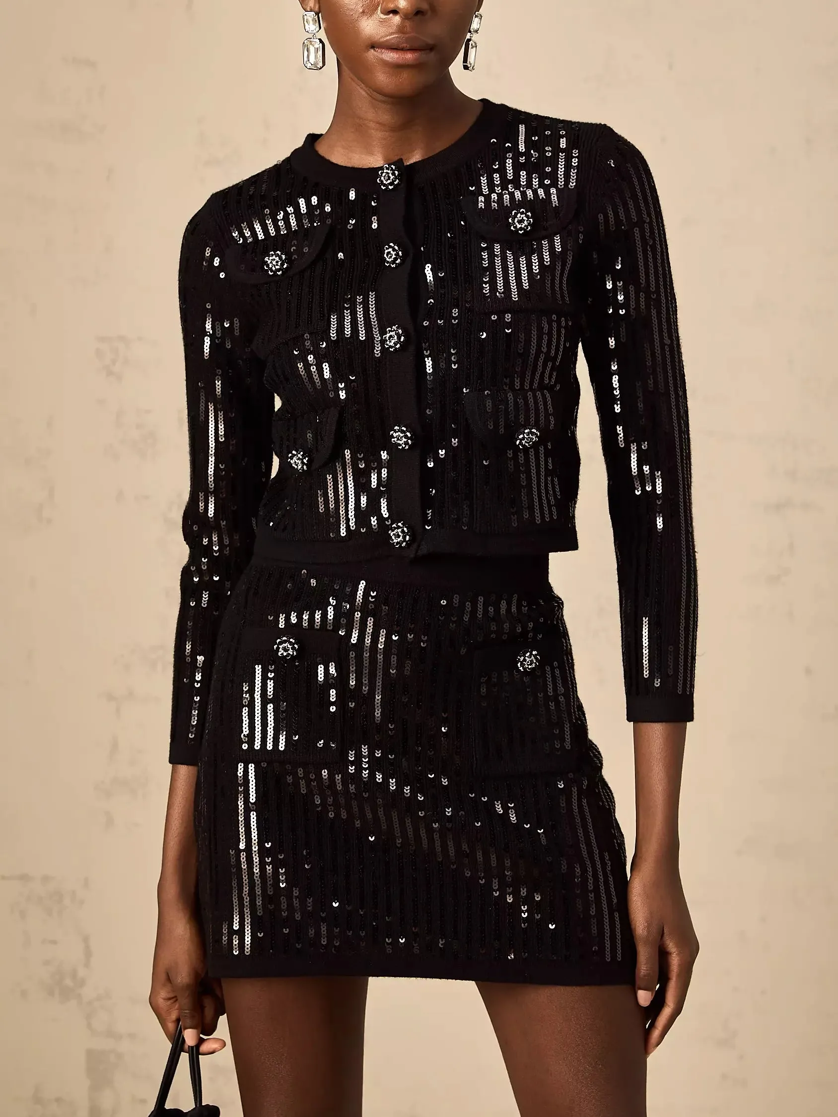 Black Sequin Cropped Cardigan and Skirt Set