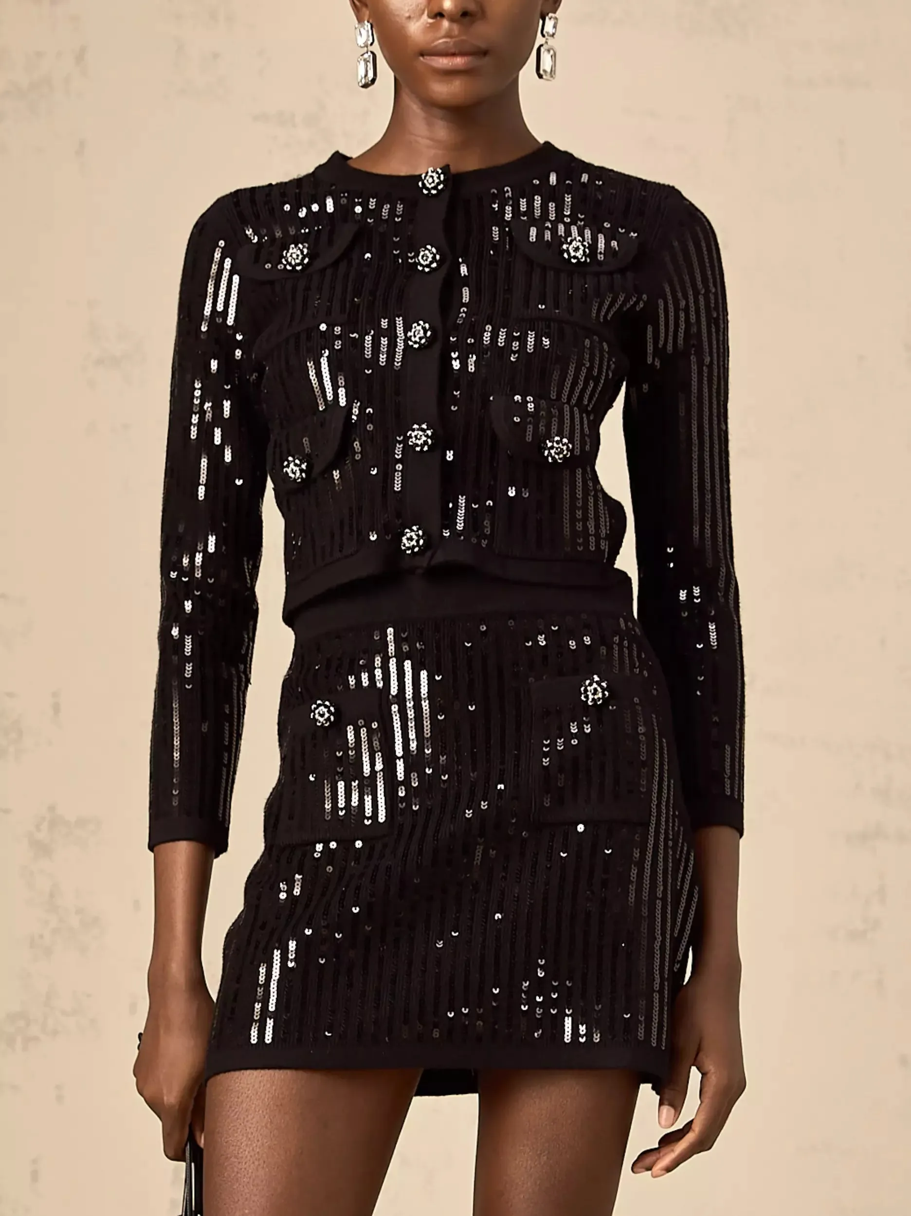 Black Sequin Cropped Cardigan and Skirt Set