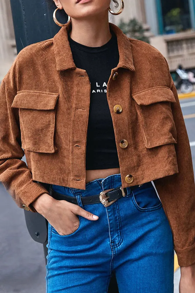 Brown Button Up Corduroy Short Jacket Coat