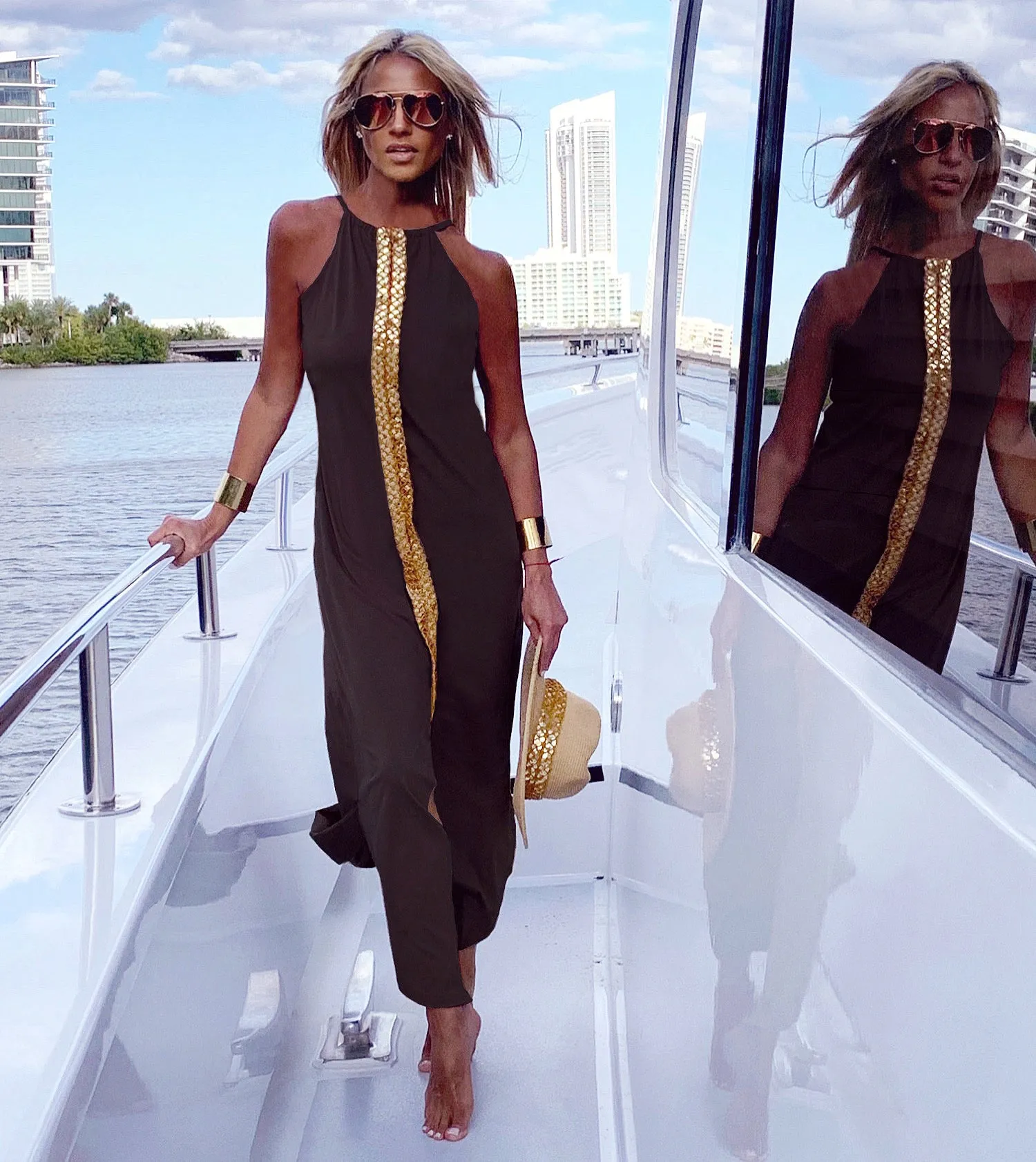 C. Black & Gold Front Slit Dress - The St. Tropez