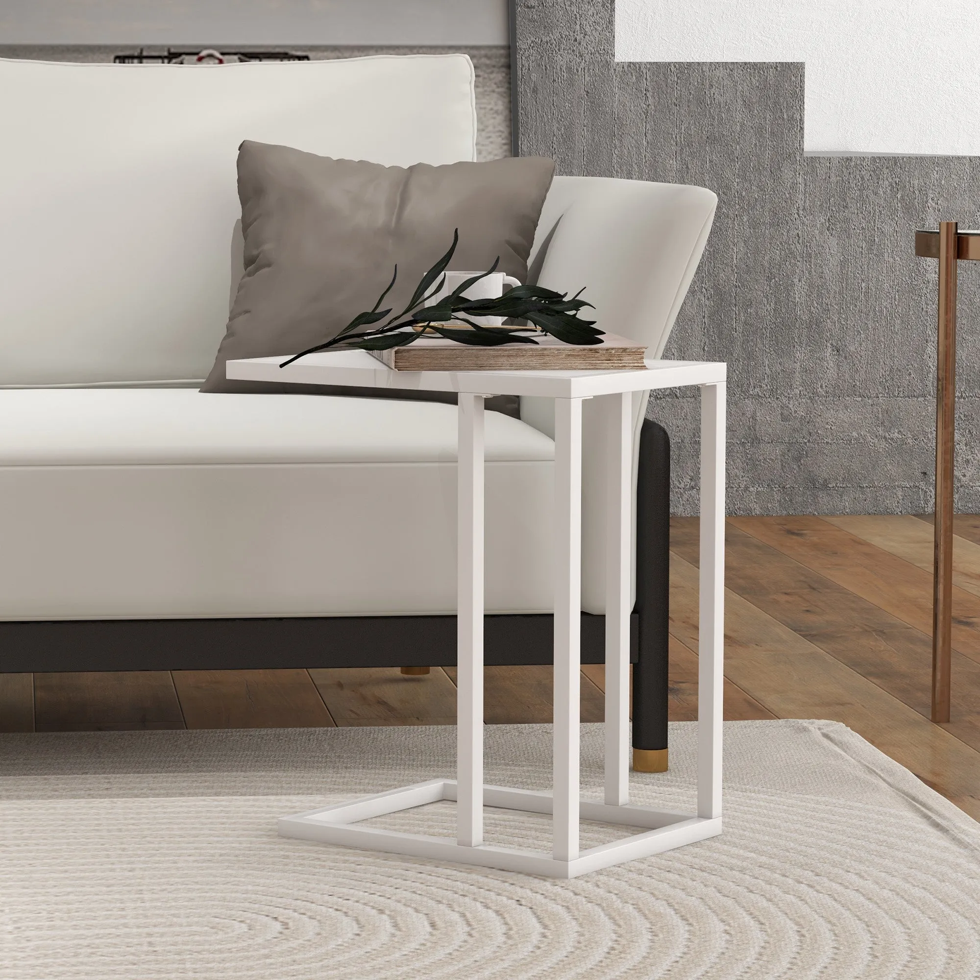 C Shape Side Table w/ Wood-Effect Top, White