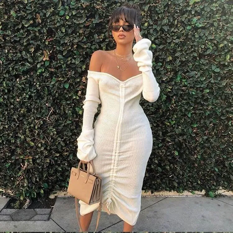 Call Me Angel Long Sleeve Sweater Dress - Cream/White