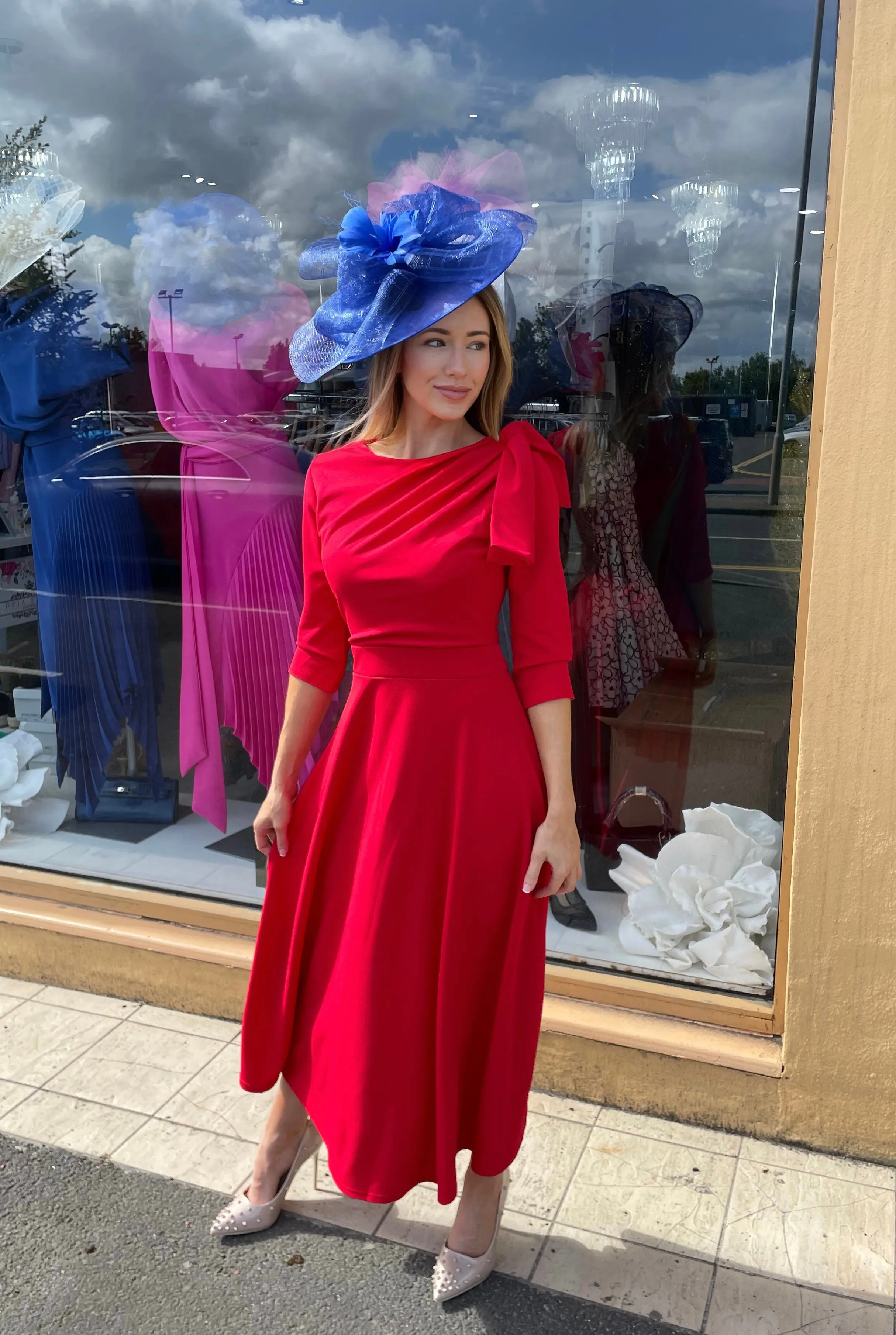 Cath Bow shoulder tea length red dress
