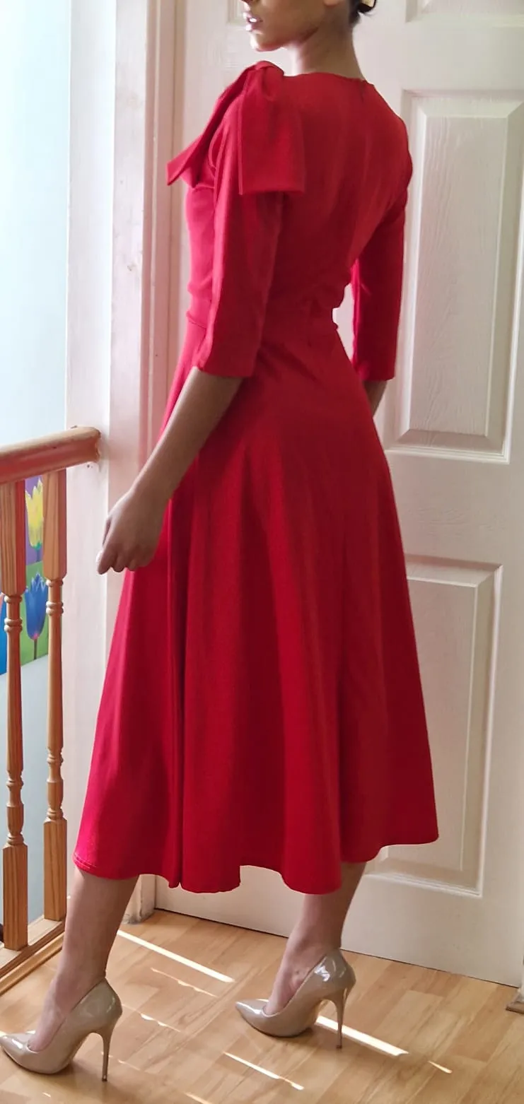 Cath Bow shoulder tea length red dress