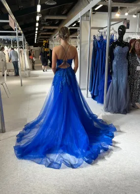 Celine lace and tulle backless prom dress with long train royal blue, red, green