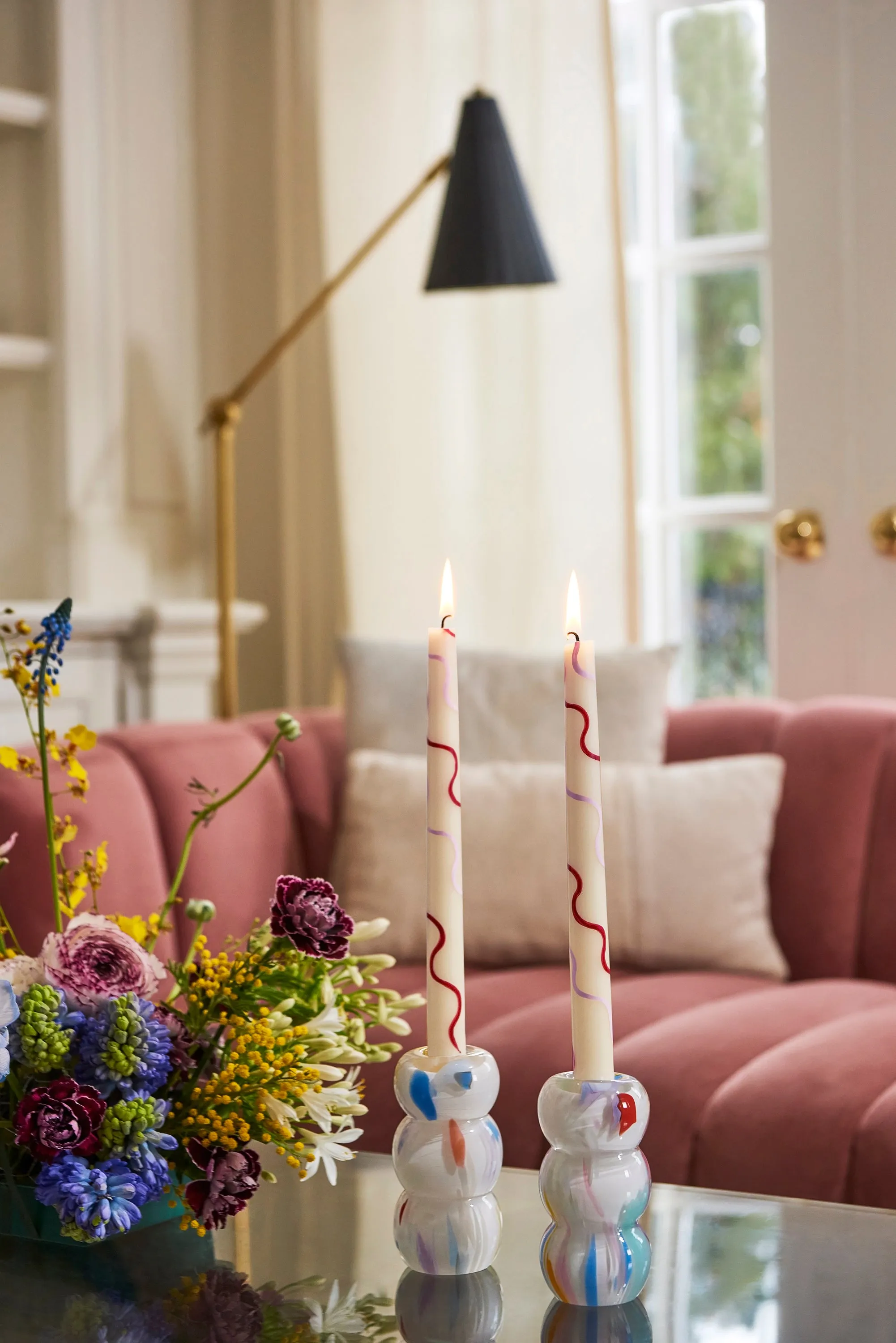 Colorblock Squiggle Hand-Painted Candles in Pink/Rust (Set of 2)