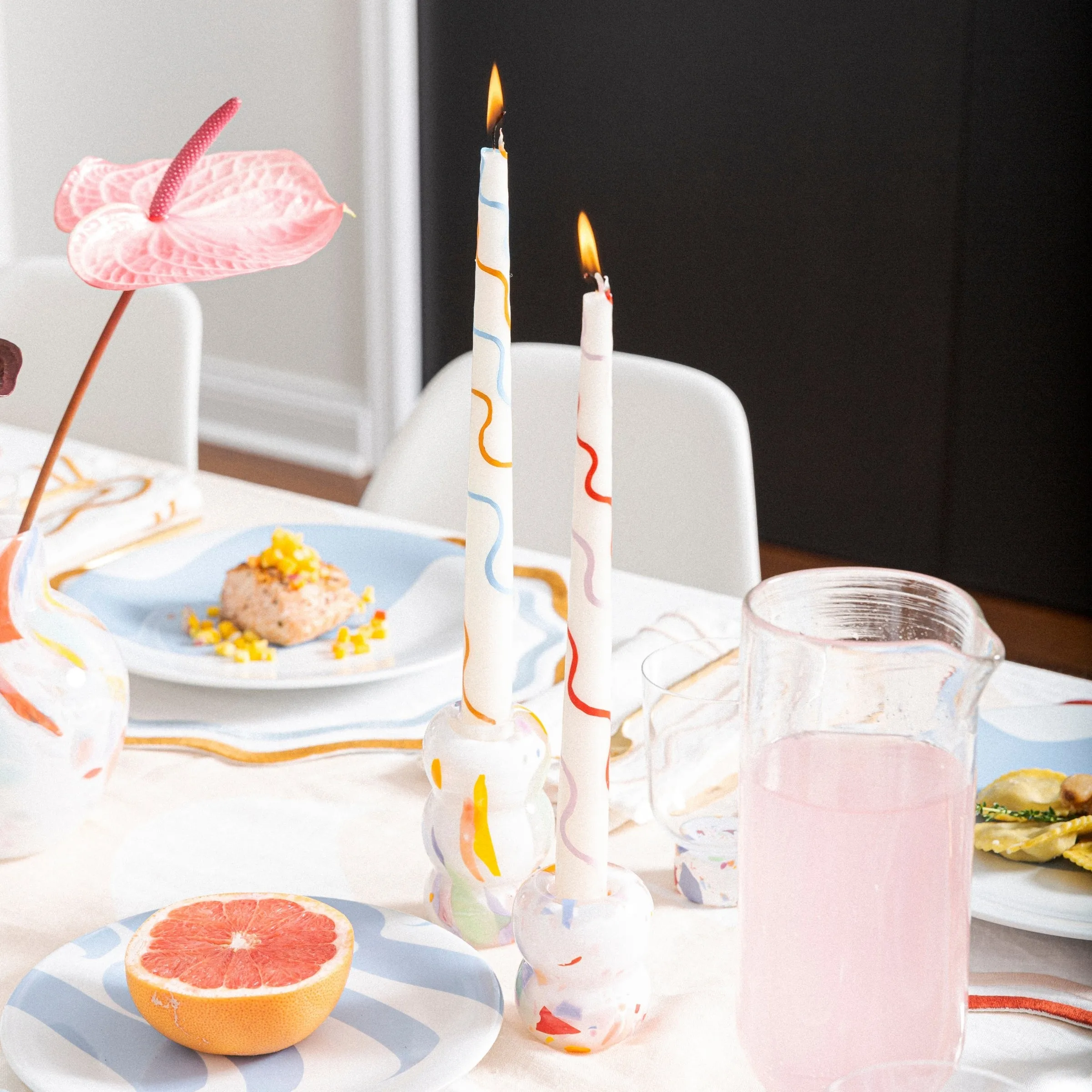 Colorblock Squiggle Hand-Painted Candles in Pink/Rust (Set of 2)
