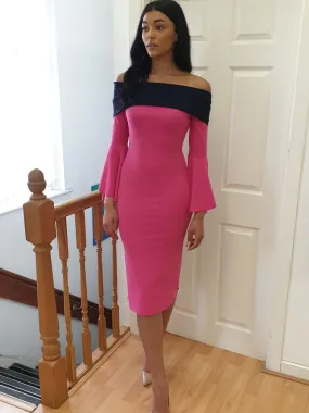 Colour block Bardot midi dress fuchsia and navy
