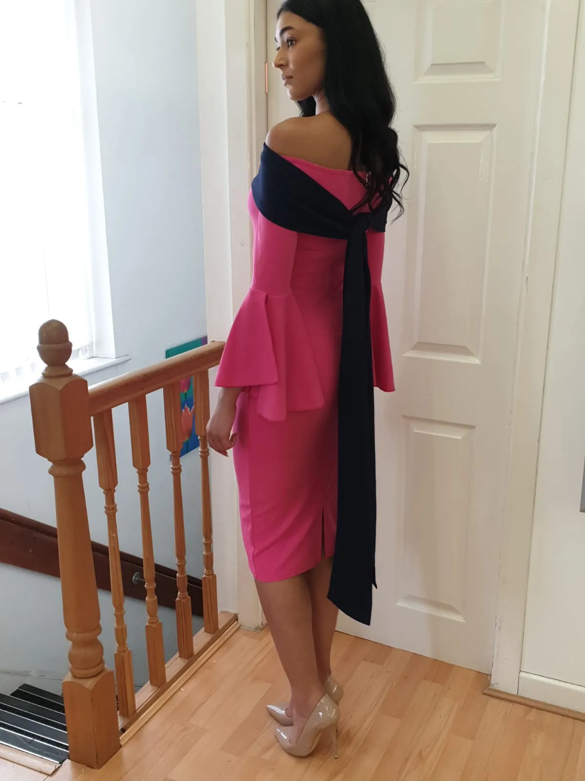 Colour block Bardot midi dress fuchsia and navy