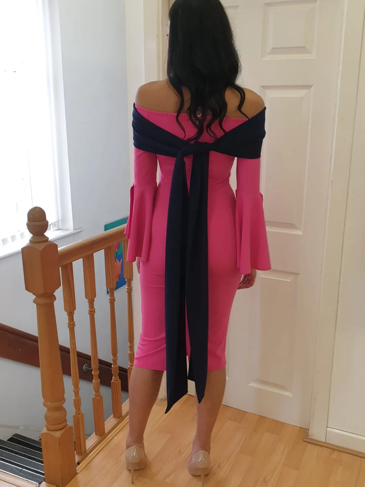 Colour block Bardot midi dress fuchsia and navy