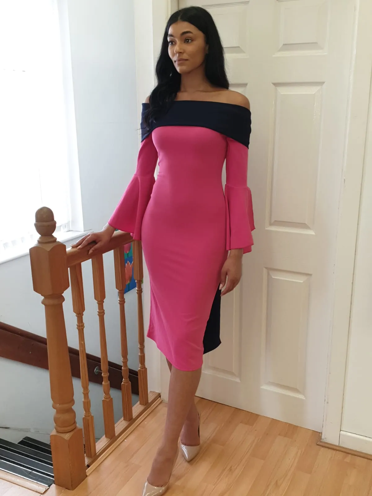 Colour block Bardot midi dress fuchsia and navy
