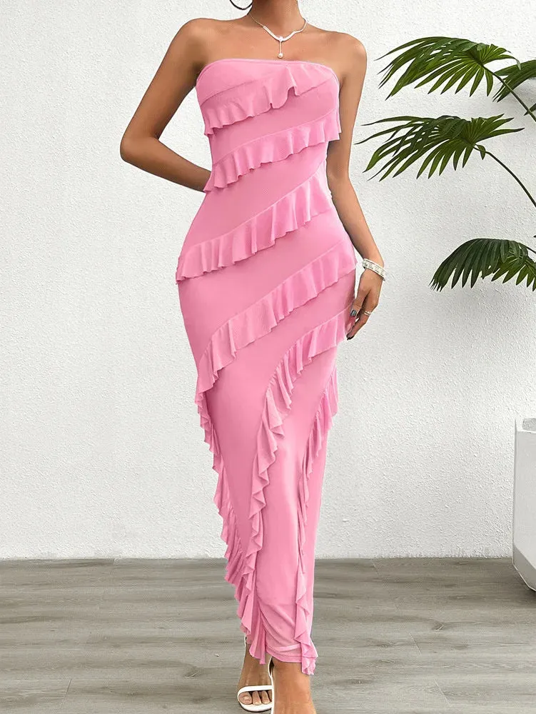 Elegant Ruffle Overlay Tube Bodycon Dress - Sophisticated Silhouette