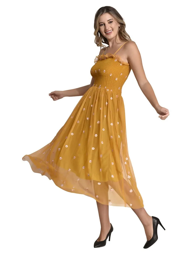 FIMS Fashion Women Embellished Net Floral Midi Fit & Flare Dress Yellow