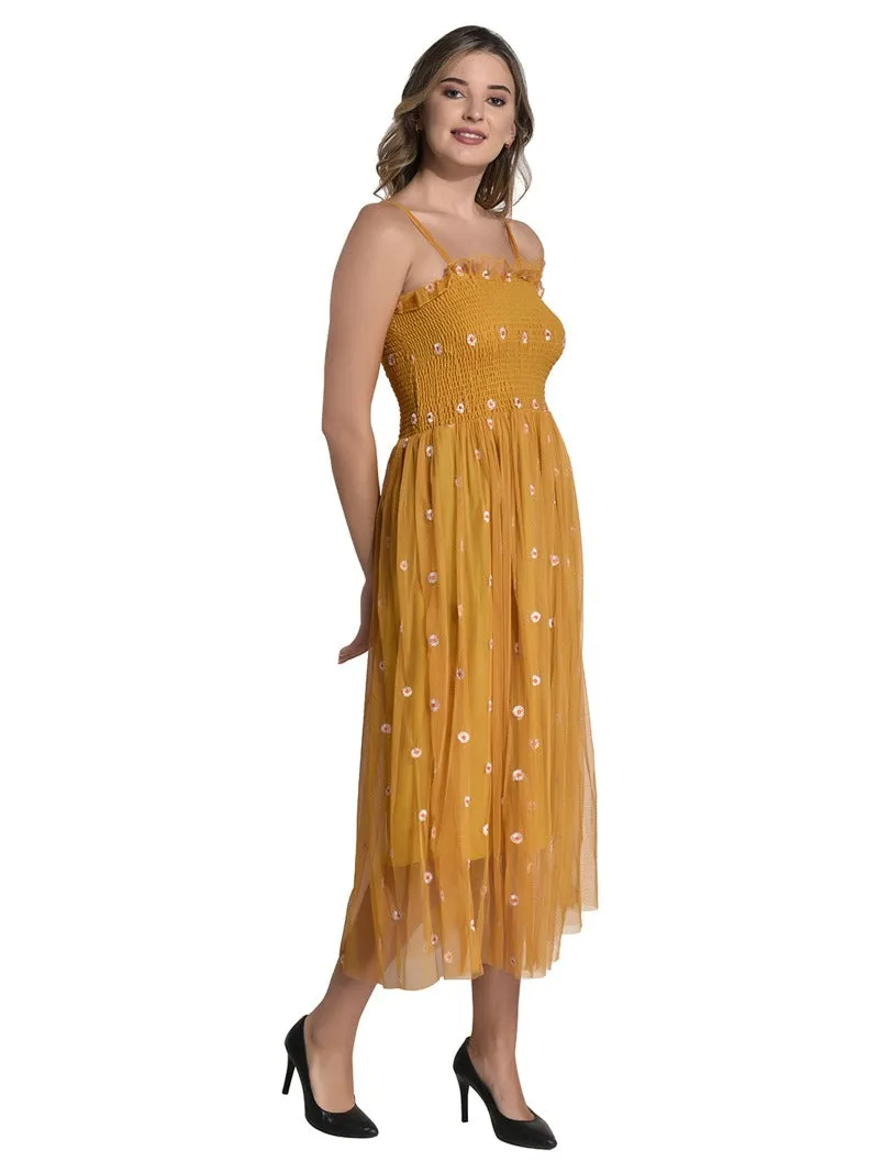 FIMS Fashion Women Embellished Net Floral Midi Fit & Flare Dress Yellow
