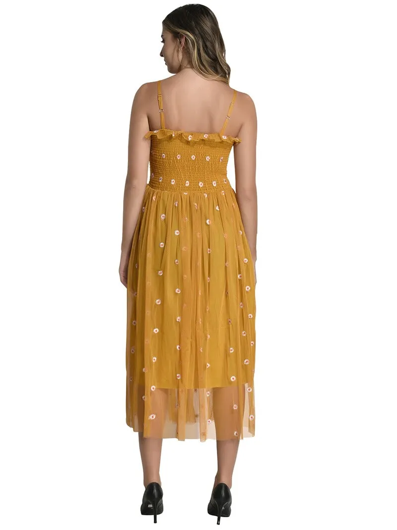 FIMS Fashion Women Embellished Net Floral Midi Fit & Flare Dress Yellow