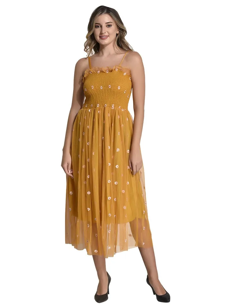FIMS Fashion Women Embellished Net Floral Midi Fit & Flare Dress Yellow