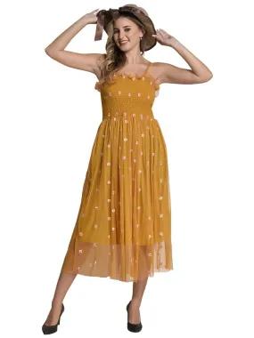 FIMS Fashion Women Embellished Net Floral Midi Fit & Flare Dress Yellow