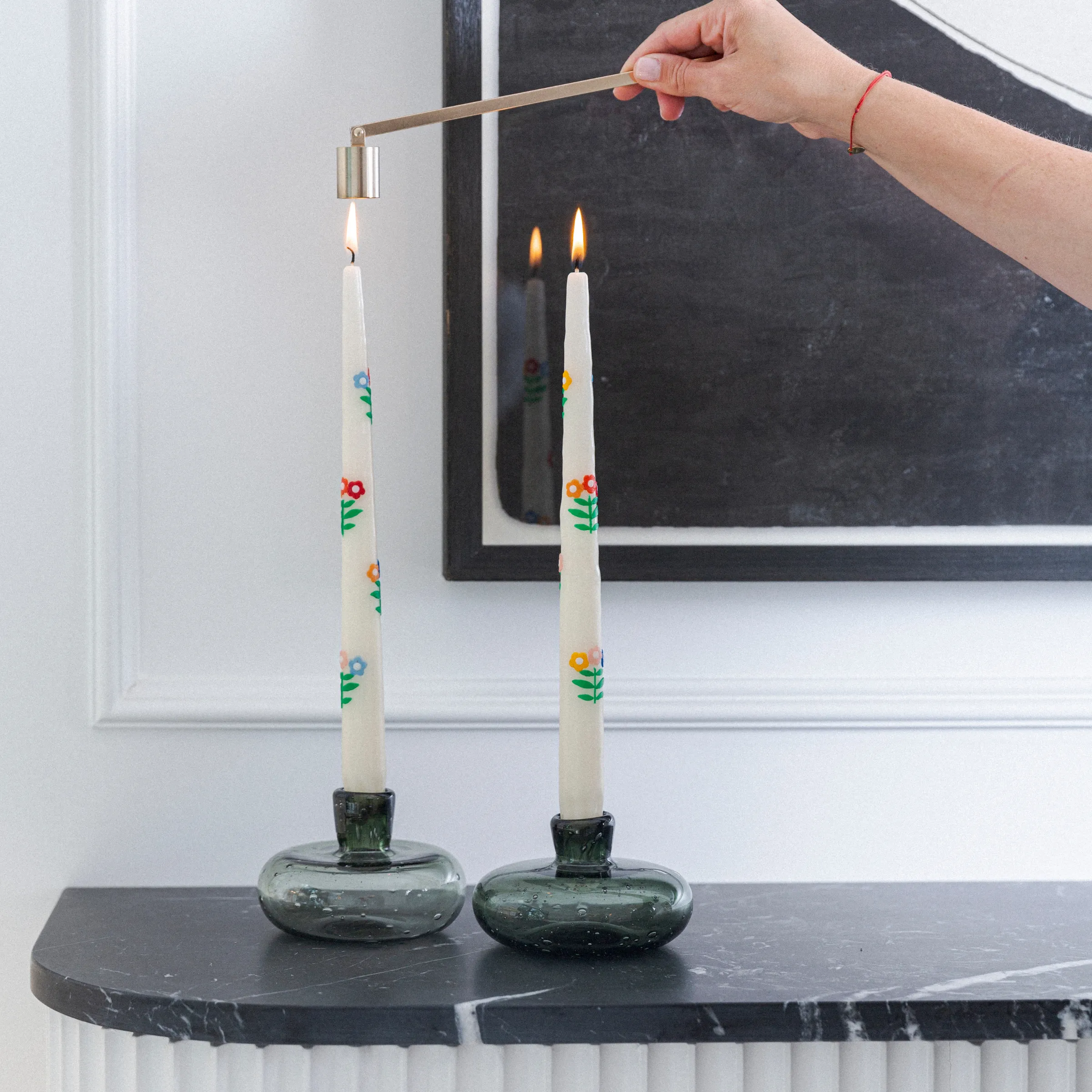 Floral Bouquet Hand-Applied Wax Decoupage Taper Candles (Set of 2)