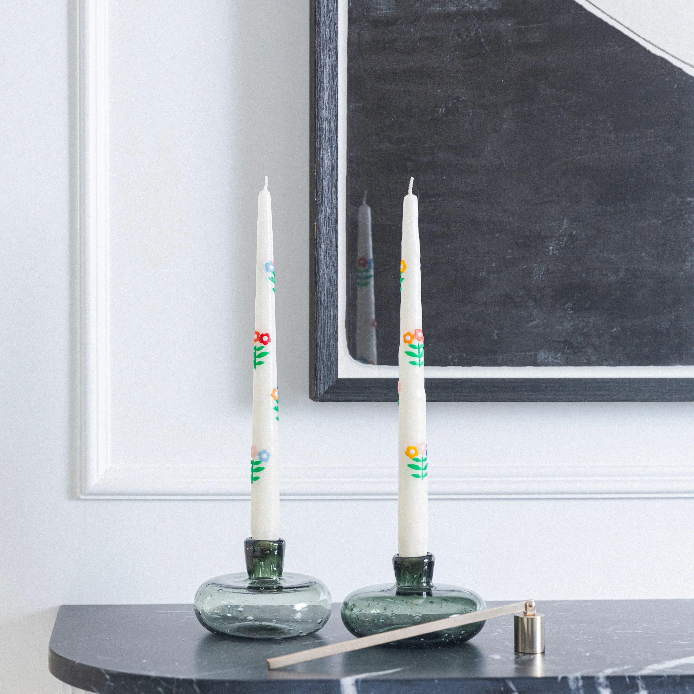 Floral Bouquet Hand-Applied Wax Decoupage Taper Candles (Set of 2)