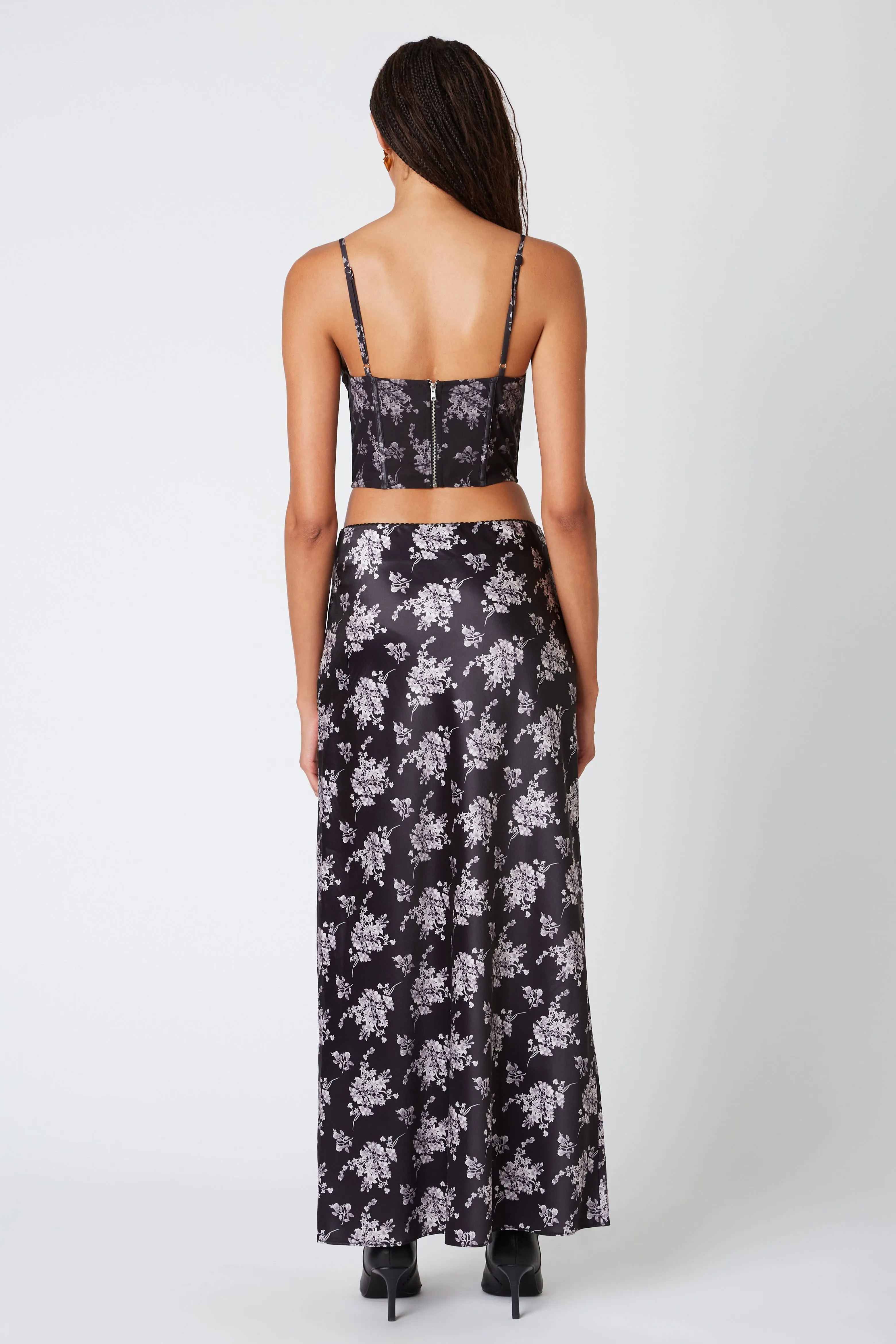 Floral Print Bias Midi Skirt in Black