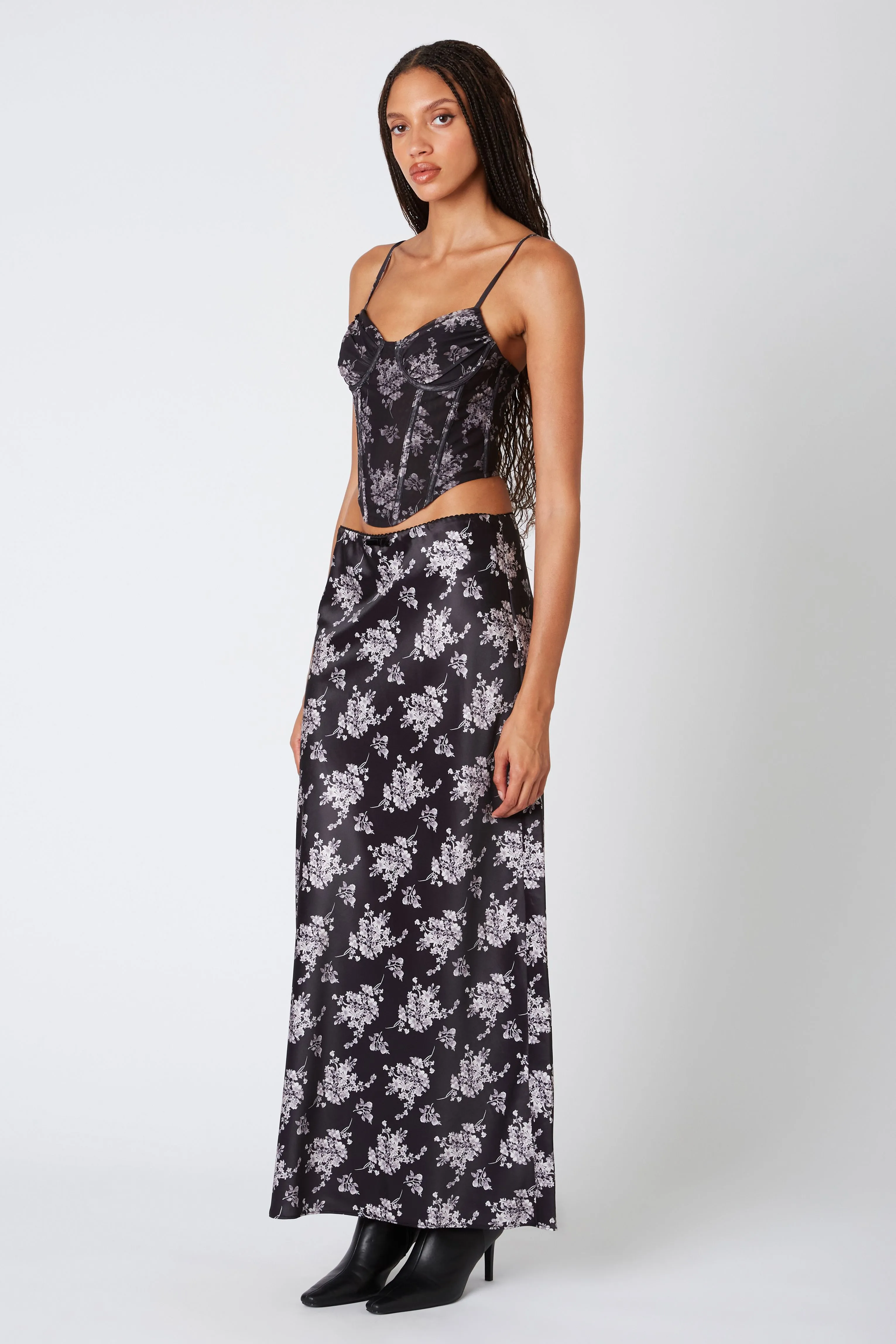Floral Print Bias Midi Skirt in Black