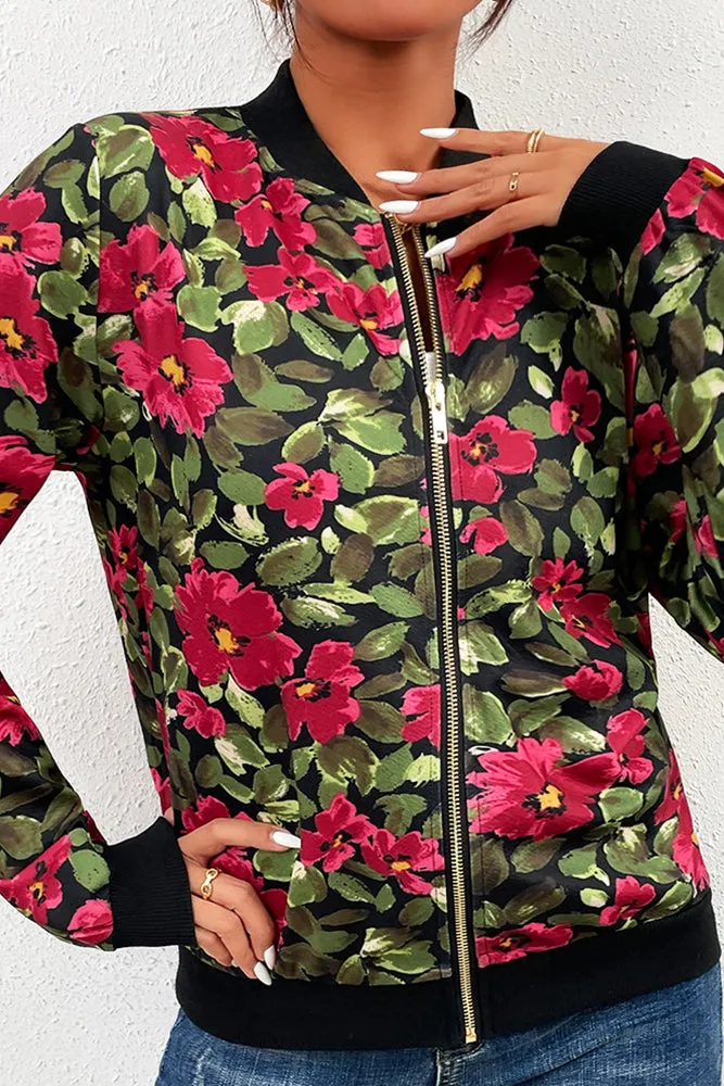 Front Open Zipper Floral Baseball Jacket winter outfits Coat