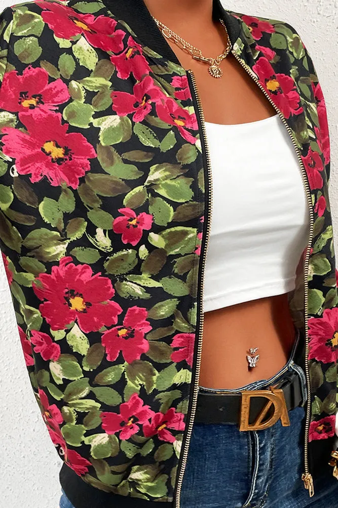 Front Open Zipper Floral Baseball Jacket winter outfits Coat
