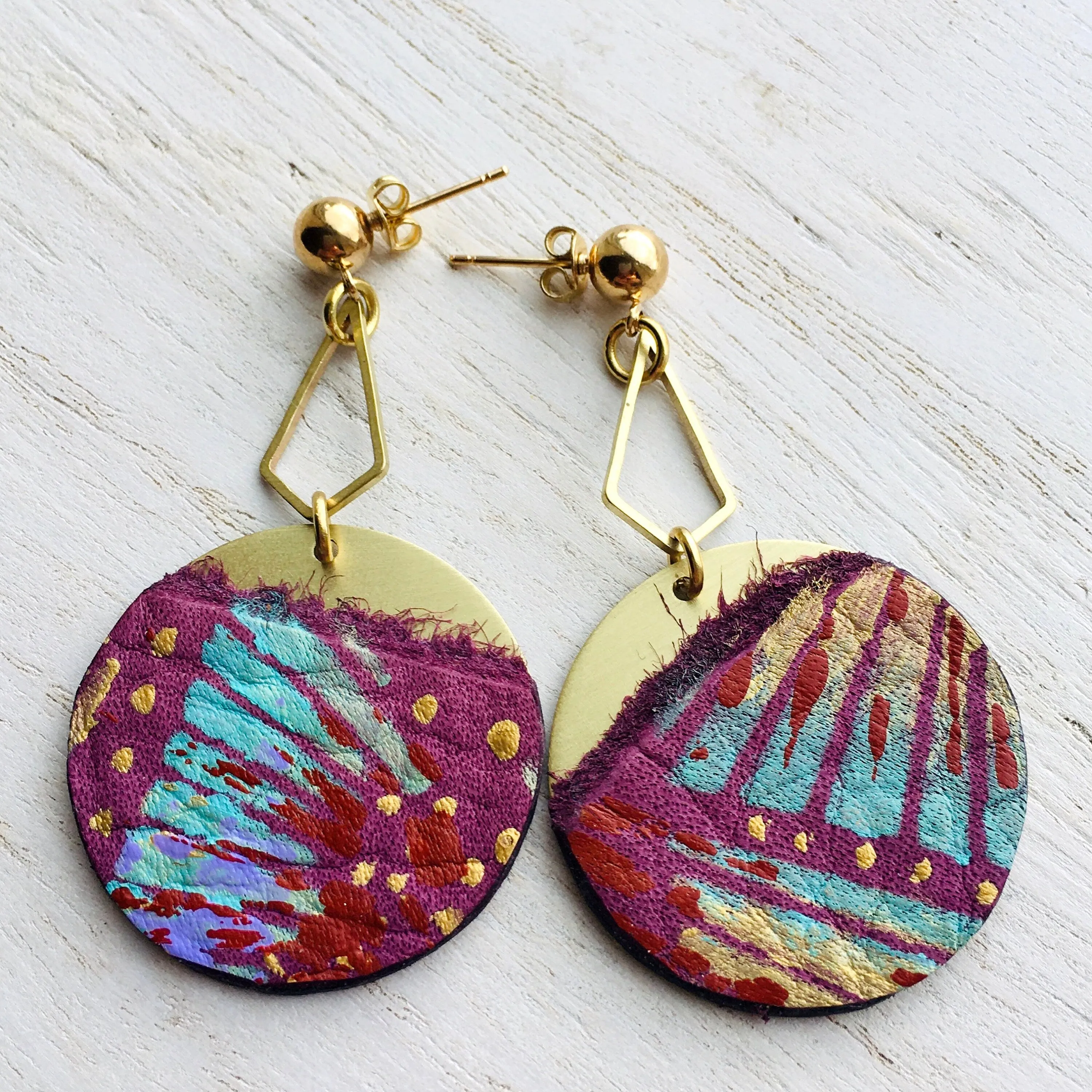 Geometric Dangle Earring Brushed Brass Circle With Leather