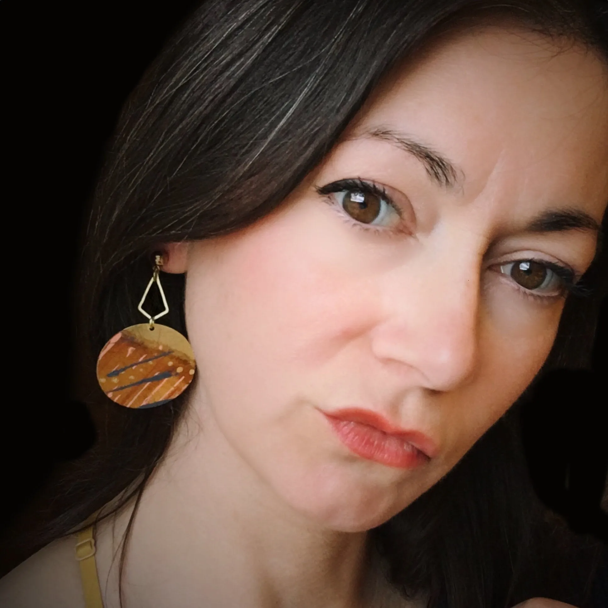 Geometric Dangle Earring Brushed Brass Circle With Leather