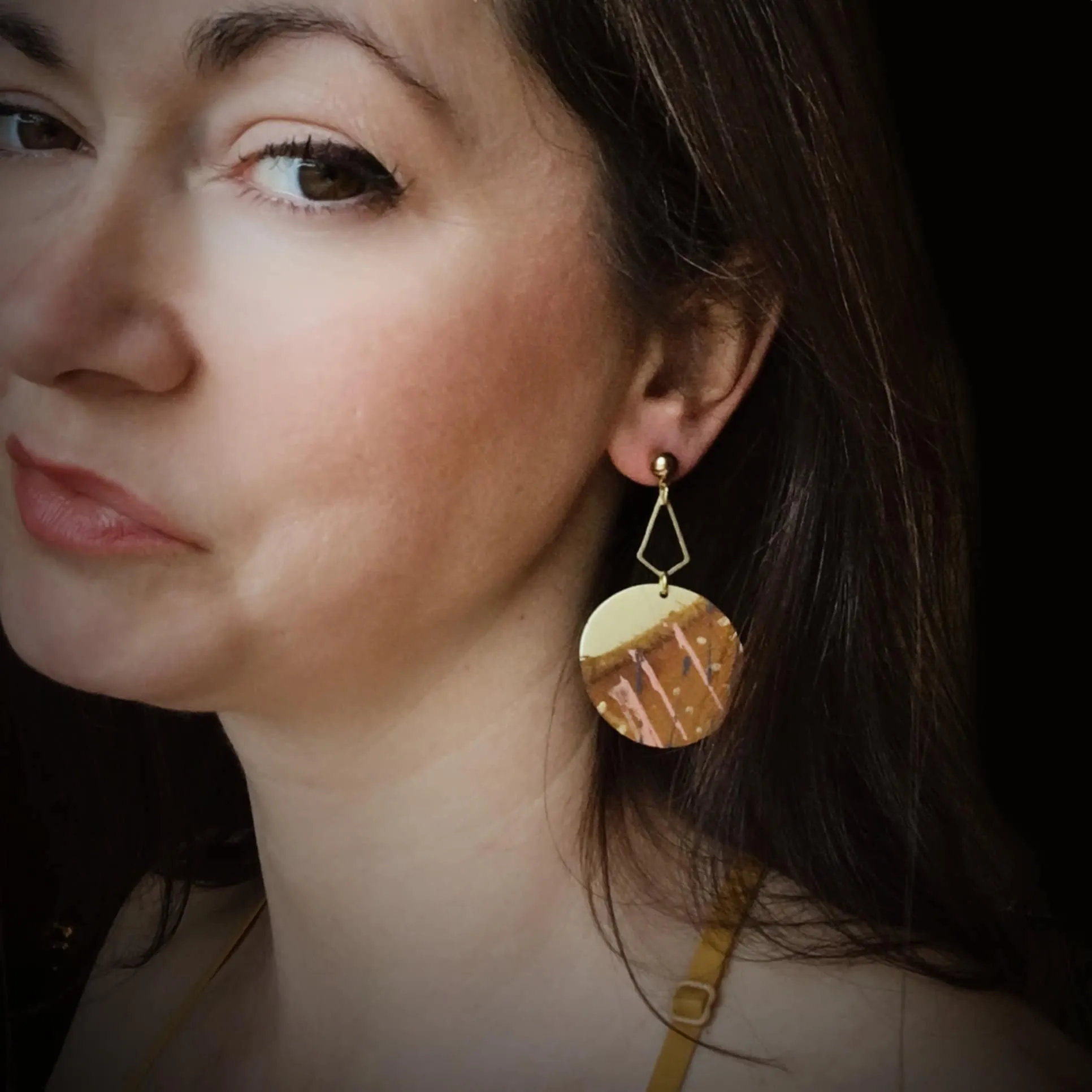 Geometric Dangle Earring Brushed Brass Circle With Leather