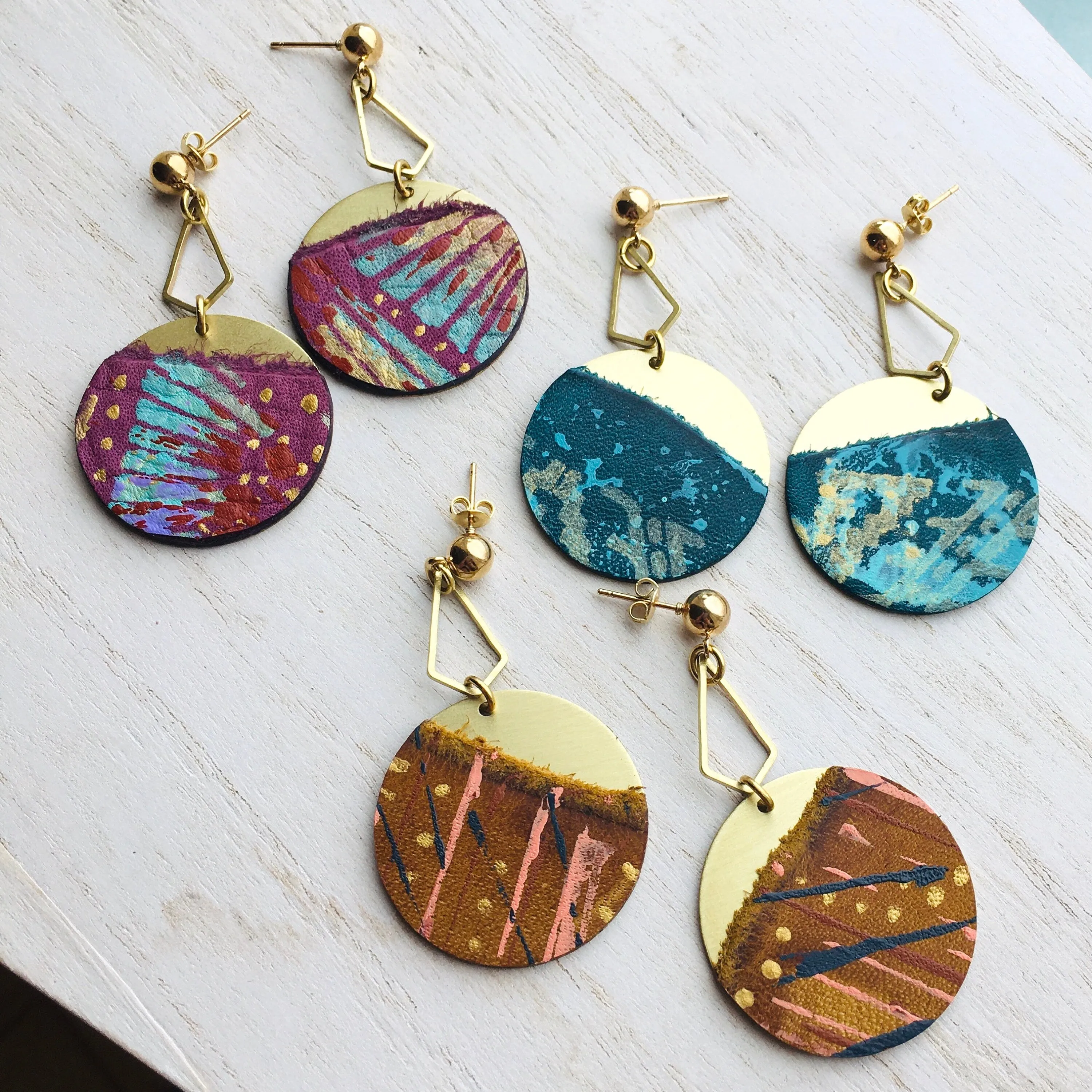 Geometric Dangle Earring Brushed Brass Circle With Leather