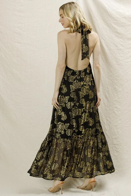 GOLD HALTER DRESS