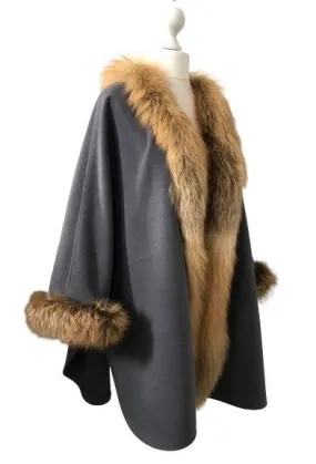 Grey Women Coat Cape Trim Fox Fur, Women's Poncho Jacket, Elegant Women's coat