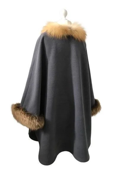 Grey Women Coat Cape Trim Fox Fur, Women's Poncho Jacket, Elegant Women's coat