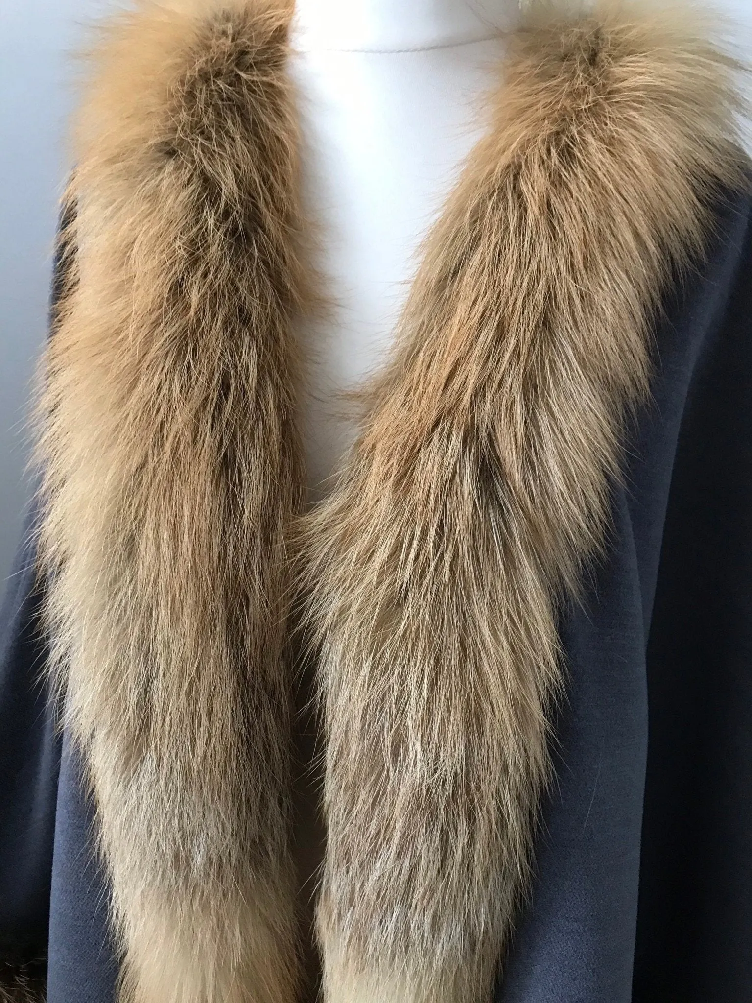 Grey Women Coat Cape Trim Fox Fur, Women's Poncho Jacket, Elegant Women's coat
