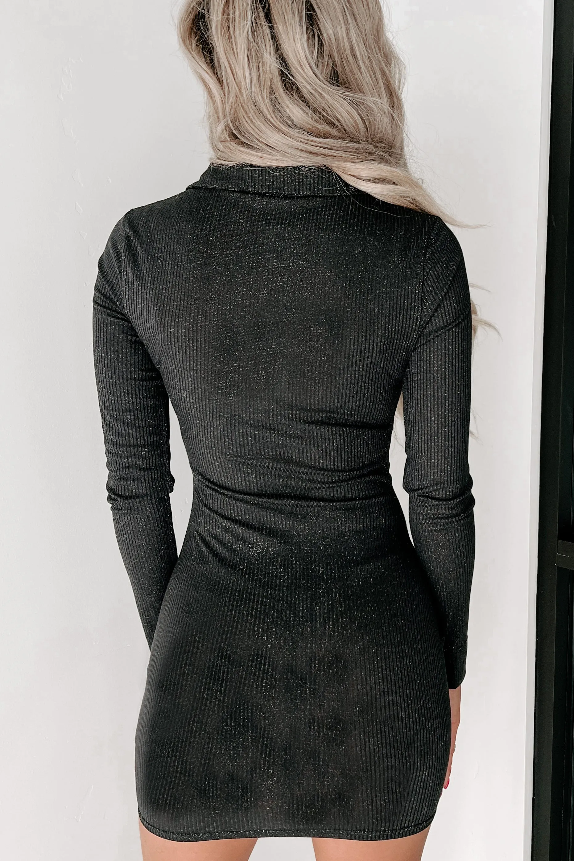 High Stakes Metallic Lurex Button-Front Bodycon (Black)