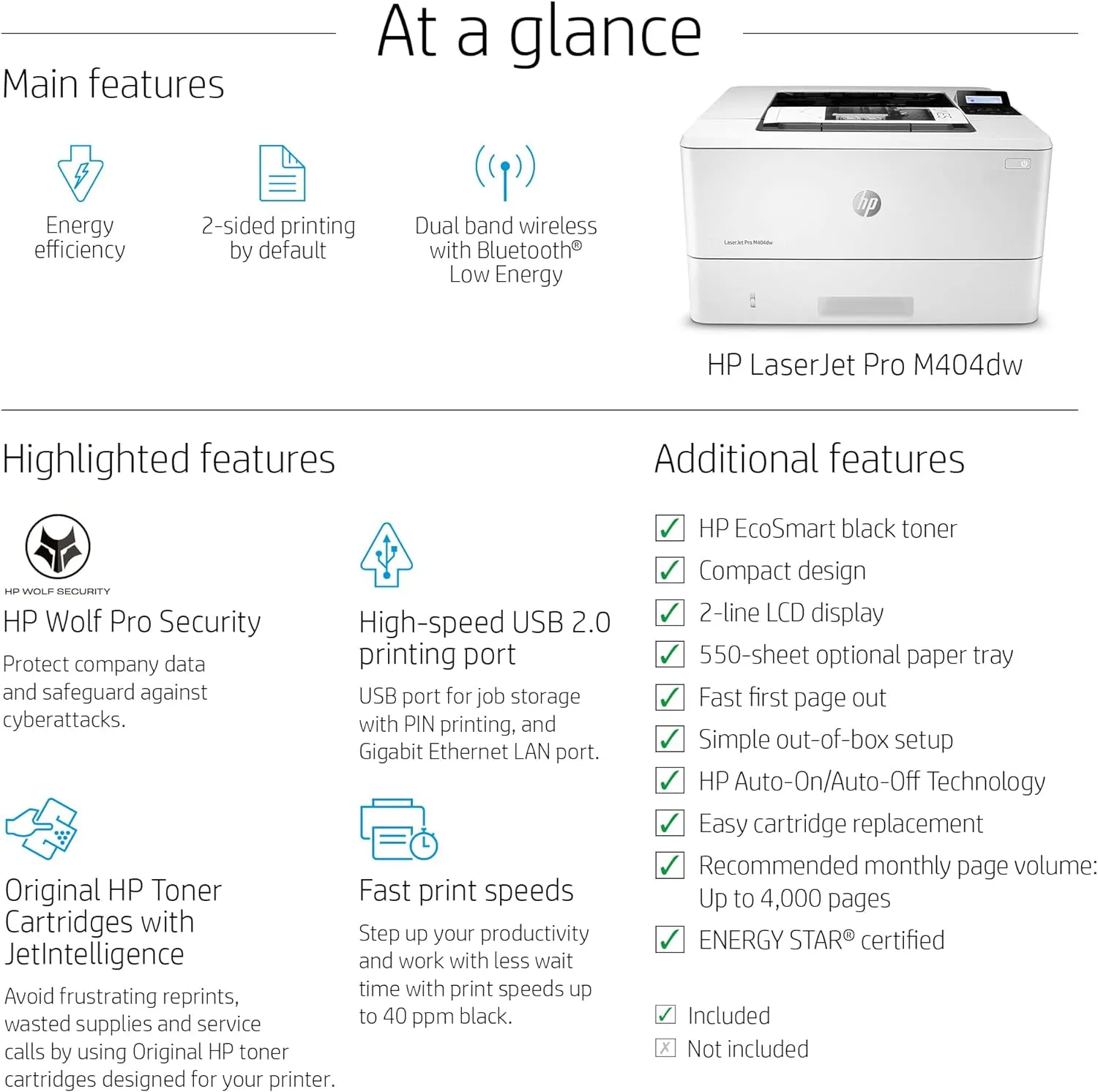 HP LaserJet Pro M404dw Monochrome Wireless Laser Printer with Double-Sided Printing (W1A56A)