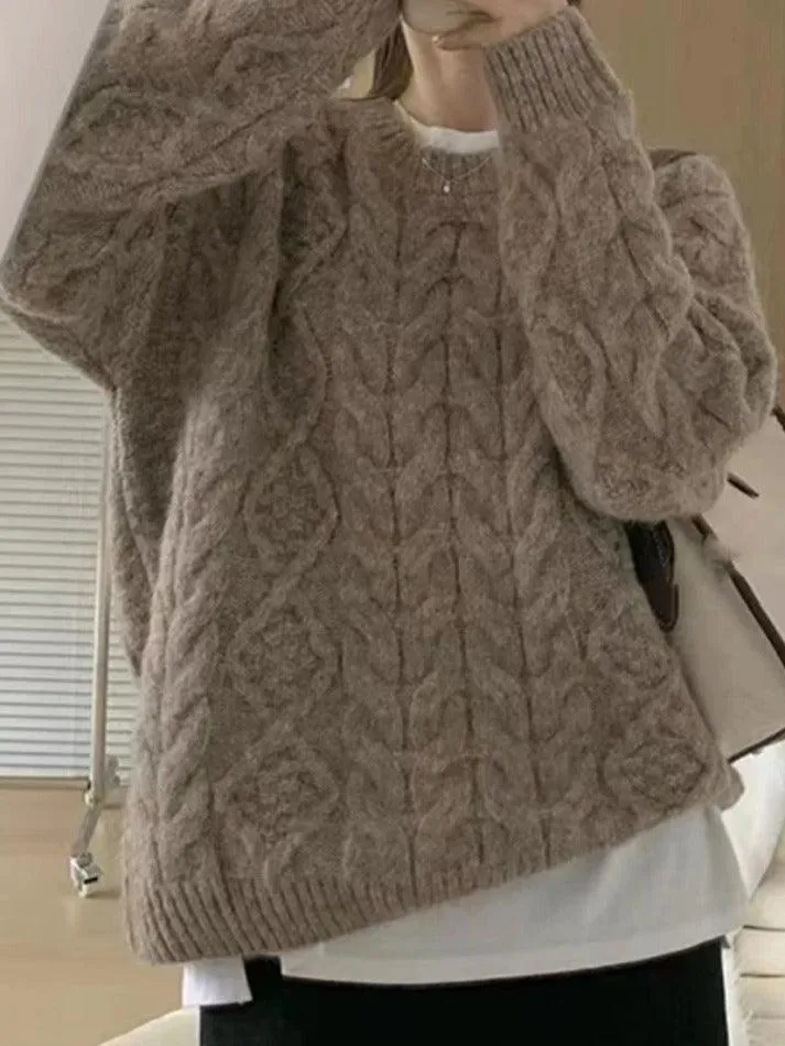 Joskaa Solid Crew Neck Cable Knit Sweater