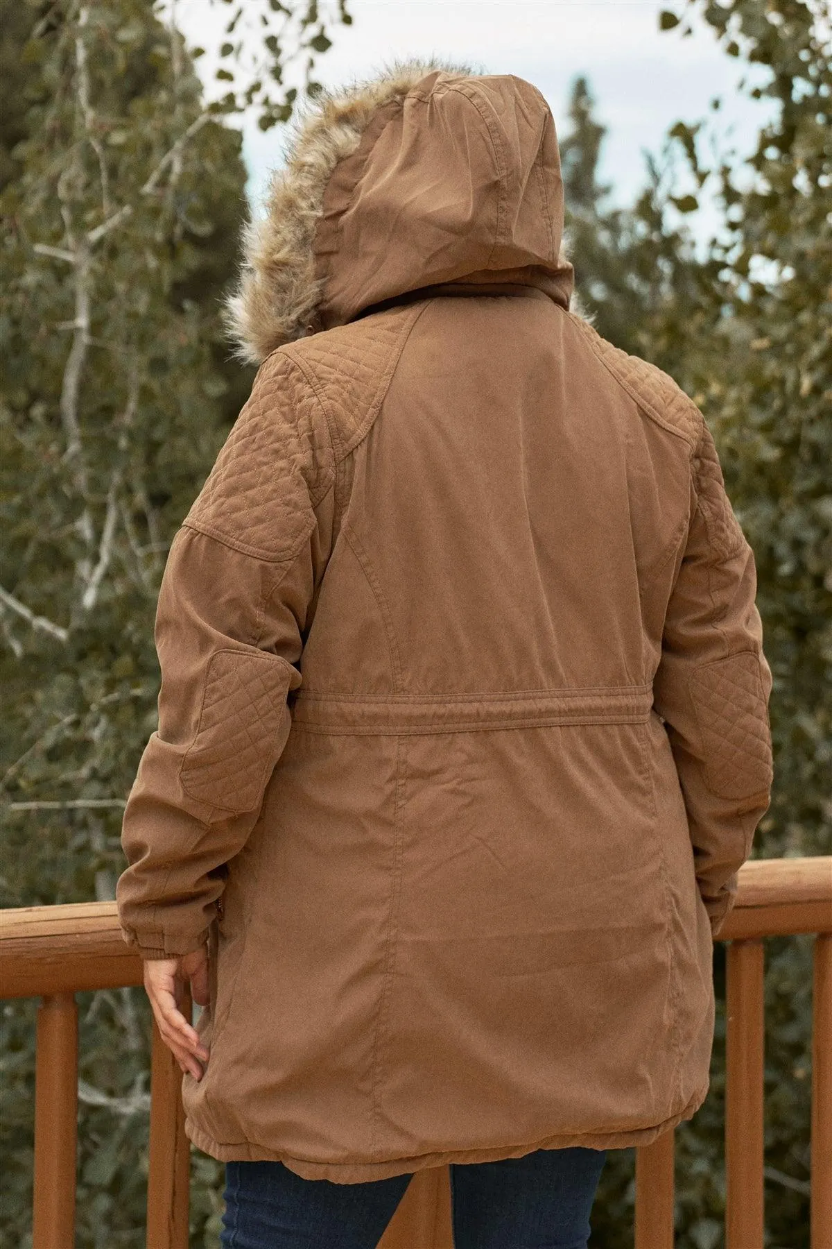 Junior Plus Size Brown Quilted Detail Vegan Fur Cotton Twill Parka Jacket /1-1-1-1